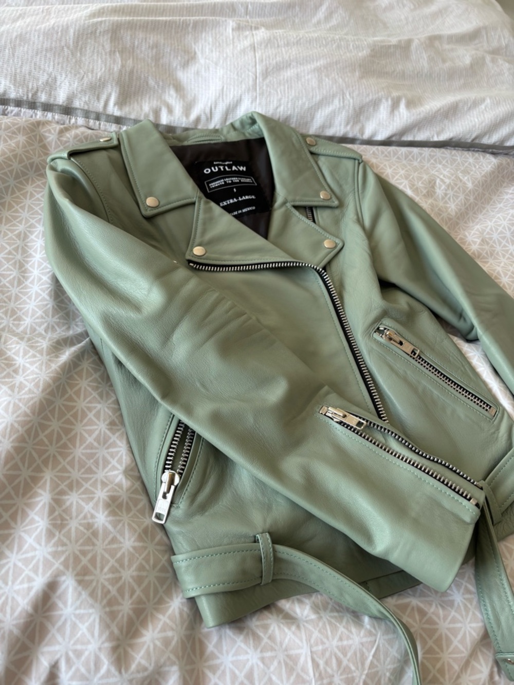 OUTLAW Mint Green Genuine Leather Moto Jacket - handmade in Mexico - fits L - Picture 4 of 7